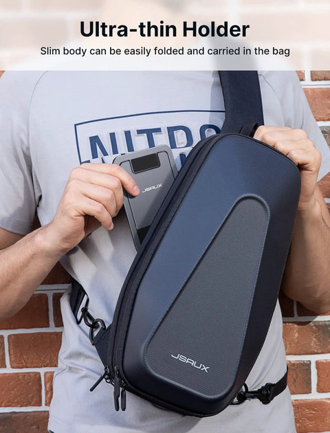 Person carrying foldable aluminum phone stand in slim black case