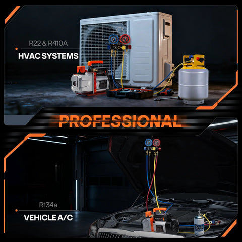 VIVOHOME AC vacuum pump with 4-way manifold gauge kit and hoses; orange tool for automotive HVAC R134a/R410a.