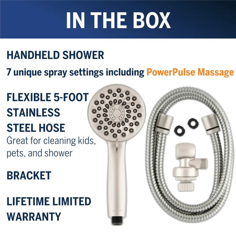 High Pressure Handheld Shower Head With 5 Foot Hose PowerPulse Massage 7 Spray Modes Chrome Finish in box with hose and bracket