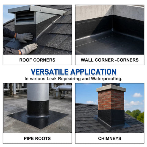 Rock Solid Heavy Duty EPDM Rubber Roofing Roll Featuring Butyl Self Adhesive Foolproof Peel And Install Design For Flat Or Camper Roofs 51 Mil Thick Flexible Waterproof used on roof corners and chimneys.