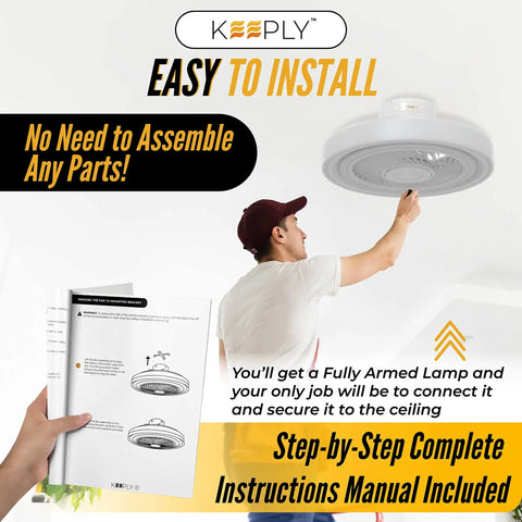 Person installing 20-inch Modern Bladeless Ceiling Fan With Light, instructions manual and remote visibly included.