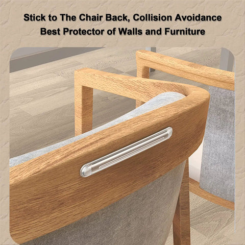 Clear Self Adhesive Furniture Bumpers 6 Pack Silicone Rubber Wall Protector Pads on wooden chair back preventing collisions.