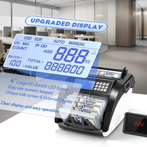 Fast Cash Counter Machine With Value Count And 4 Inch LED Display, Cash Counter For Dollar And Euro, UV IR MG MT DD Counterfeit Detection, Count Add Batch Auto Modes, 1200 Notes Per Minute showing counting display in office