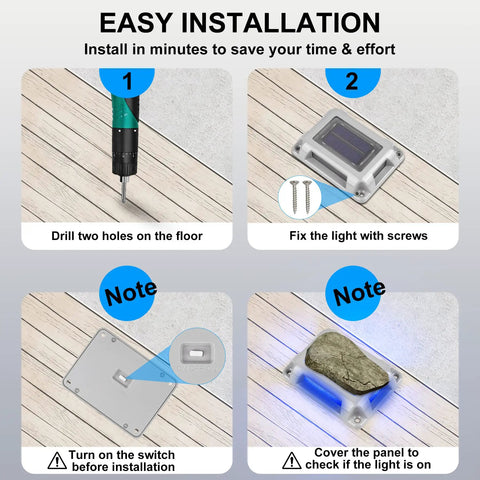 Installation steps of Eight Pack Solar Dock Lights For Driveways And Pathways, Waterproof Outdoor LED Aluminum Step Lights, Blue.