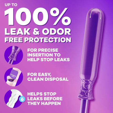 Radiant Tampons For Women Multipack With LeakGuard Braid, Unscented, showing tampon applicator, odor protection features and benefits.
