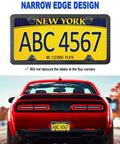 Top Shelf Real Carbon Fiber License Plate Frame With Heavy Duty Stainless Steel Core And High Gloss UV Coating Upgrade Your Rig Slick Clean Fresh Auto Trim Guard mounted on a red car.