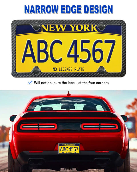 Top Shelf Real Carbon Fiber License Plate Frame With Heavy Duty Stainless Steel Core And High Gloss UV Coating Upgrade Your Rig Slick Clean Fresh Auto Trim Guard mounted on a red car.