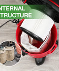 Replacement Cartridge Filter For 5 Gallon And Up Dry Vacuums installed in red vacuum, showcasing internal pleated filter construction.