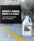 Pro Grade Tarnish Remover 1 Gallon for jewelry and metal restoration with wipe and rinse formula, shown in industrial setting.