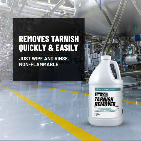 Pro Grade Tarnish Remover 1 Gallon for jewelry and metal restoration with wipe and rinse formula, shown in industrial setting.