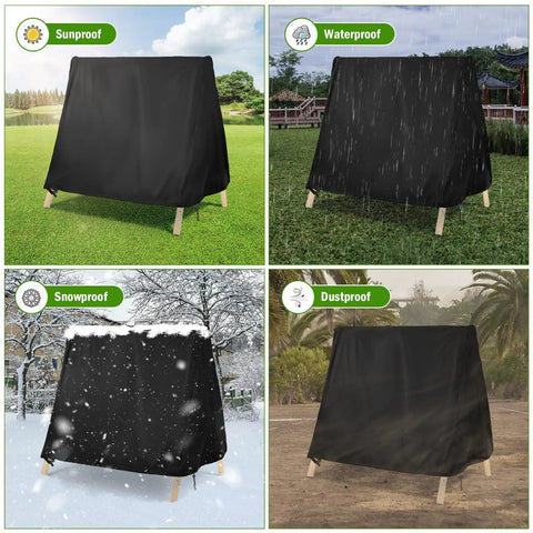 All Weather Outdoor Swing Cover Waterproof Heavy Duty Fit 88 Inch Long 84 Inch Wide 65 Inch High For A Frame Swing Set Porch Glider Hammock And Porch Swing Stand With Adjustable Drawstring Buckle in different weather conditions: sunproof, waterproof, snowproof, dustproof.