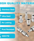 Front view of Ciunura stainless steel 1/4 in NPT pressure washer quick-connect fittings set (4 pieces) with male and female adapters