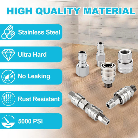 Front view of Ciunura stainless steel 1/4 in NPT pressure washer quick-connect fittings set (4 pieces) with male and female adapters