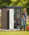 Spacious 5x3 Ft Outdoor Storage Shed with lockable door, sloping roof, and tools inside, woman with lawn equipment, brown