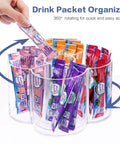 360 rotating drink packet organizer acrylic Lazy Susan with colored drink mixes organized neatly inside.