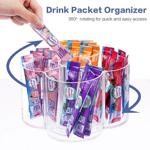 360 rotating drink packet organizer acrylic Lazy Susan with colored drink mixes organized neatly inside.