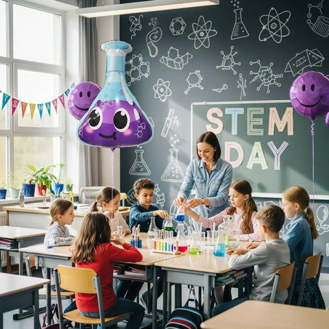 Six Pack Jumbo Flask Foil Balloons For Mad Scientist Party Decor in a STEM classroom setting with kids and teacher.