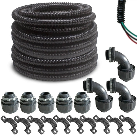 Ultra Flexible Liquid Tight PVC Electrical Conduit Kit, Half Inch Diameter, Fifty Feet, Black Finish, Includes Five Couplings, Three Elbows, Ten Straps