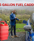 16 gallon fuel caddy beside a blue car with a man in a suit handling the hose, set in a scenic outdoor environment.