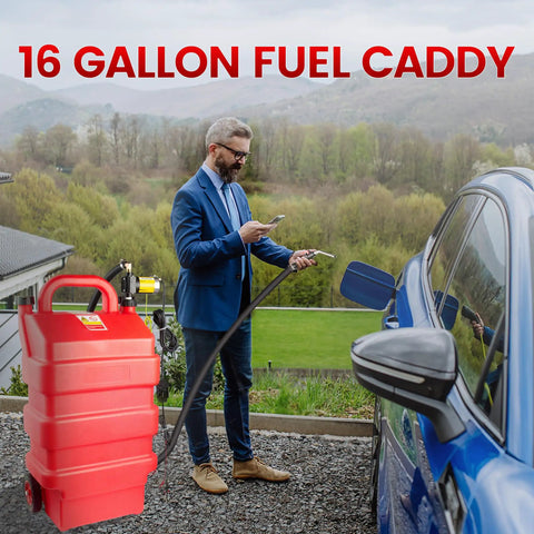 16 gallon fuel caddy beside a blue car with a man in a suit handling the hose, set in a scenic outdoor environment.