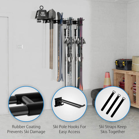 Big Boy Ski Rack Wall Mount For Garage Storage keeps six pairs of skis organized with rubber coating and ski pole hooks.