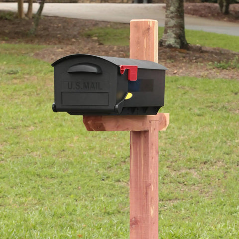 Large Capacity Plastic Post Mount Mailbox In Black For Outdoor Use, Weatherproof And Rustproof, USPS Compatible, on wooden post