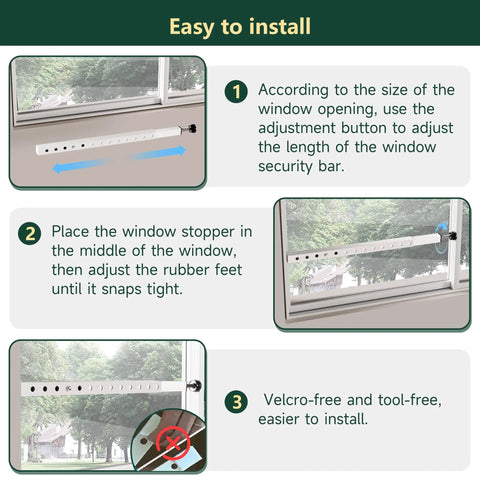 Steps to install Adjustable Window Security Bars Inside For Home Safety, Easy Install, Heavy Duty Vertical Lock Bar with Rubber Feet.