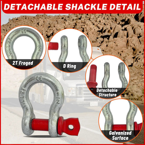 Heavy Duty 2 Ton Swivel Hooks With D Ring Shackle And 0.5 Inch Shackle, G80 Rated Lifting Hooks, 4,400 Lbs Safe Load Limit, Alloy Steel Round Rotating Trailer Chain Hooks with detachable D ring detail