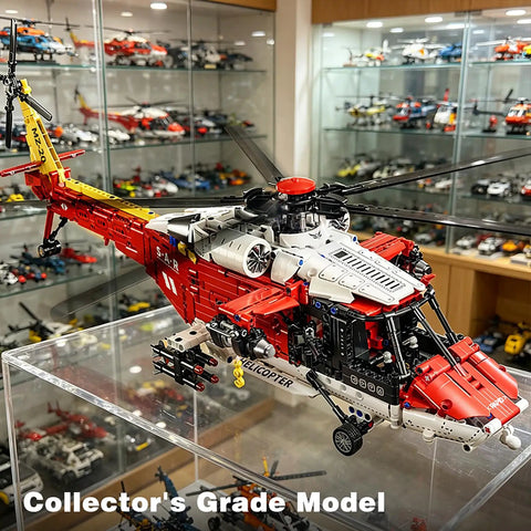 Rescue Helicopter Building Block Set With 1528 Pieces And Motorized Rotors Realistic Gear System on display case