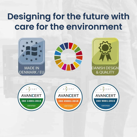 Certificates and eco-friendly design graphics for HandyBox Toolbox Storage And Carrying System with Danish design quality.