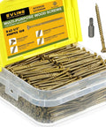Multi-Purpose Wood Deck Screws Number Nine By Two And A Half Inch Bugle Head Golden Coating T25 Torx Star Drive For Interior And Exterior Use In Furniture Building Fence Decking Pack Of Four Hundred Ninety Pieces Five Pounds in open plastic box with lid showcasing screws and driver bit.