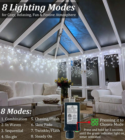 Living room with 132Ft Outdoor Christmas Lights With 1222 LEDs And 282 Drops, Eight Lighting Modes, string lights glowing, cozy setup.