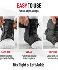 Ultralight Ankle Brace For Sprained Ankles Figure 8 Lace Up Support being laced and wrapped on socked foot, closeup view.