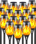 Solar Torch Lights With Flickering Flame 16 Pack 12 LED outdoor landscape lighting, tiki torches with black finish, upright view
