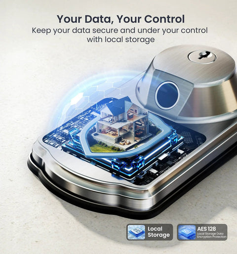 Built In WiFi Fingerprint Smart Lock With Two Knobs No Hub Needed Remote App Control Keyless Entry Front Door Deadbolt Auto Lock Satin Nickel Finish 7 Ways To Unlock For Everyday Convenience close-up view showing smart lock technology and local storage feature