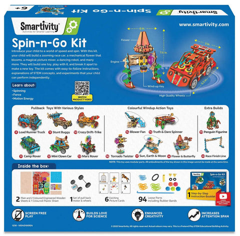 Spin N Go Twenty In One Mechanical Builder Kit For Kids Ages Six To Twelve With A Step By Step Guide Hands On STEM Fun Creative Toy Builds And Daily New Toy Projects For Boys And Girls. box front with wooden car and robot builds