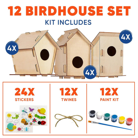 Bulk 12 Kid Friendly Bird House Craft Kits With Unfinished Wood Bird Houses, Paint Strips, Brushes, And Simple Instructions For A Hands On Build And Paint Project Great For Classrooms, Parties, And Family DIY Fun: 12 unfinished wooden birdhouses with stickers, twine, and paint kit
