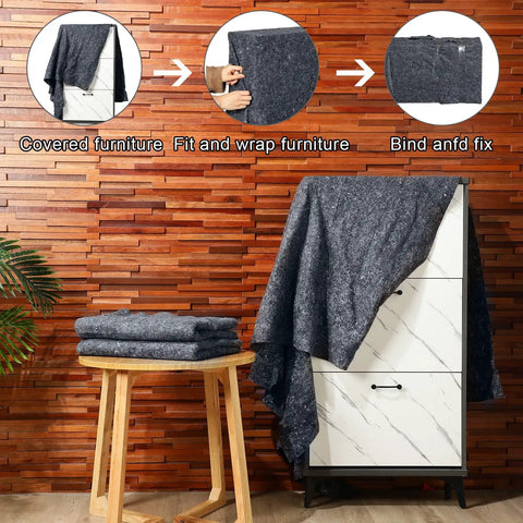 Gray furniture covered with 24 Piece Bulk Pro Grade Built Tough Moving Blankets 80 By 72 Inch Quilted Furniture Pads for protection