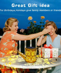 Woman surprising friend with gift beside Cool Solar Watering Can With Lights For Outdoor Decor, casting warm patterns on table.