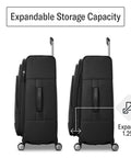 Two black expandable softside carry-on luggage with spinner wheels, shown in front and side views.