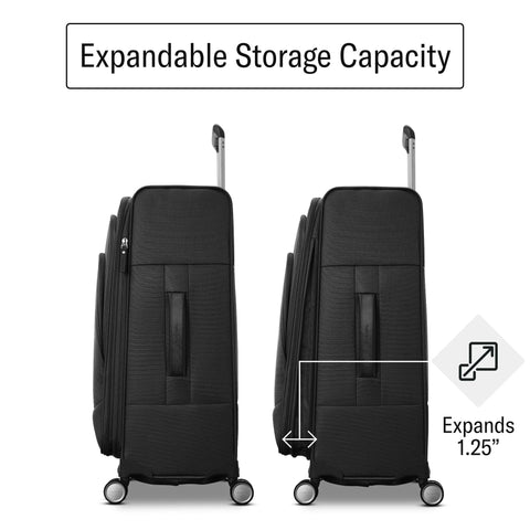 Two black expandable softside carry-on luggage with spinner wheels, shown in front and side views.