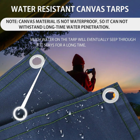 Close-up of Heavy Duty Canvas Tarp 8 By 10 Feet Water Resistant With Grommets showing water droplets and outdoor use example.