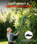 Woman using Six In One Cordless Pole Saw And Hedge Trimmer With Long Reach Telescopic Pole For Tree Trimming And Bush Pruning