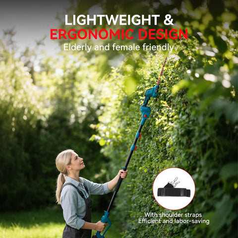 Woman using Six In One Cordless Pole Saw And Hedge Trimmer With Long Reach Telescopic Pole For Tree Trimming And Bush Pruning