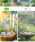 2.8W Solar Fountain Pump For Bird Bath And Outdoor Garden installed in bird bath, showing water feature, solar panel visible