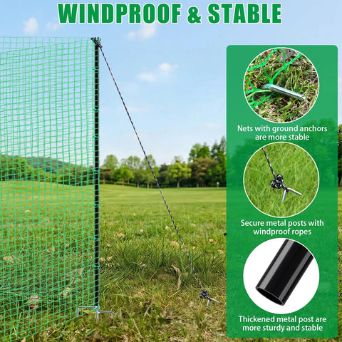 Heavy Duty Portable Temporary Fence 36 Inch Tall, 50 Foot Long Garden Fence For Dogs And Small Animals, Plastic Mesh with metal stakes and windbreak ropes installed on grass.