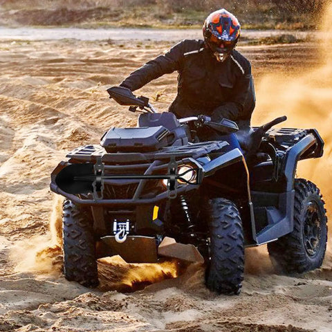 Roof Rack Shovel Mount Kit With Metal Rubber Clamp Brackets on ATV for off-road adventure in sand dunes.