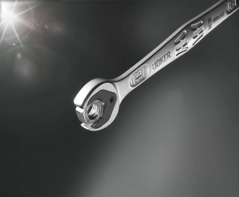 Joker SB Ratcheting Combination Wrench Nine Sixteenths Inch Open End Hold with Depth Stop, high torque 80-tooth ring visible.