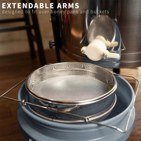 Stainless Steel Honey Strainer With Dual Sieve for Beekeeping, extendable arms shown over bucket, fine and coarse mesh filter.