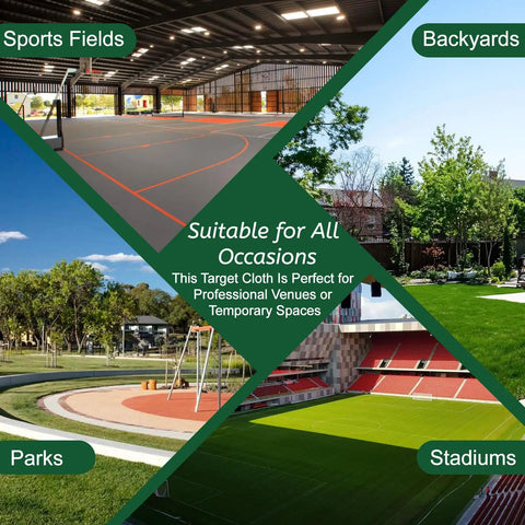 Collage of sports fields, backyards, parks, and stadiums showcasing versatile use of backstop products for various venues.